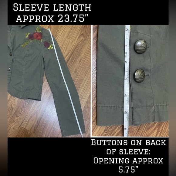 Military green denim jacket MEDIUM cropped embroidered floral vintage vntg Y2K - Picture 11 of 15